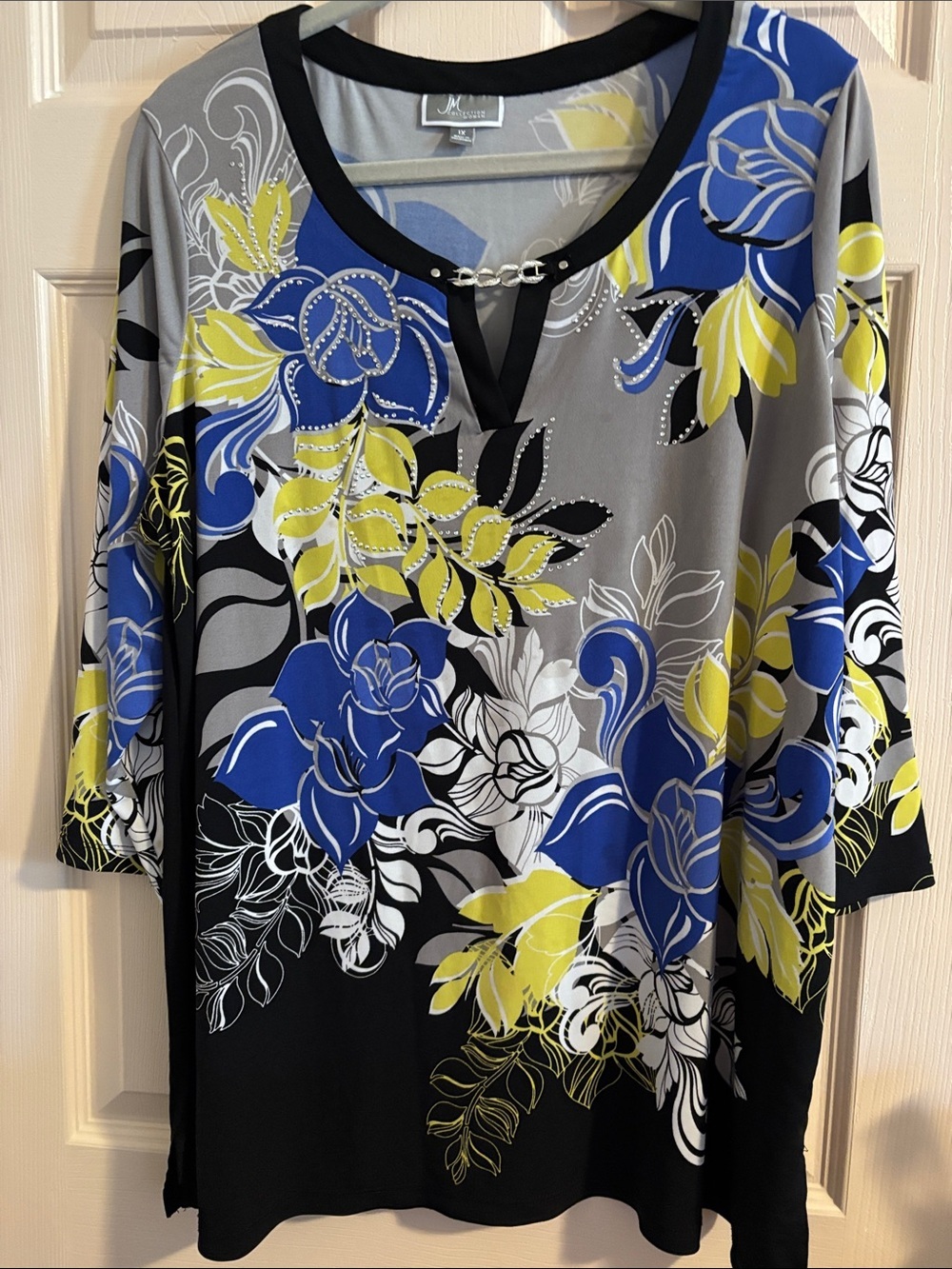 JM Collection Floral Scoop Neck Tunic in Blue, Yellow & Gray